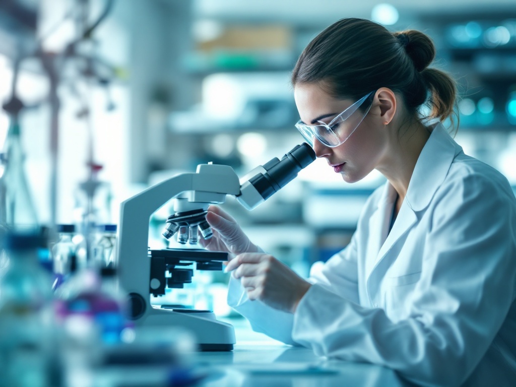 A researcher examining a skin sample slide under a microscope in a dermatology lab
