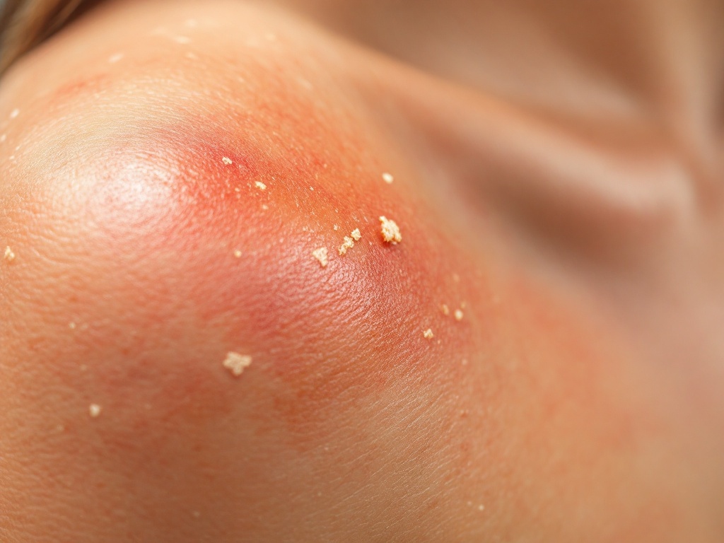 Macro view of healing sunburned skin on a shoulder, faintly red with the first light peeling