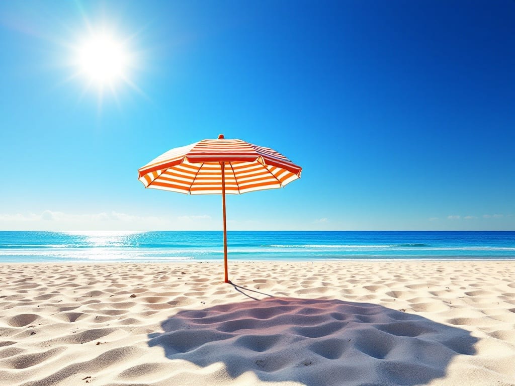 A striped beach umbrella casting a short midday shadow on pale sand under a deep blue summer sky