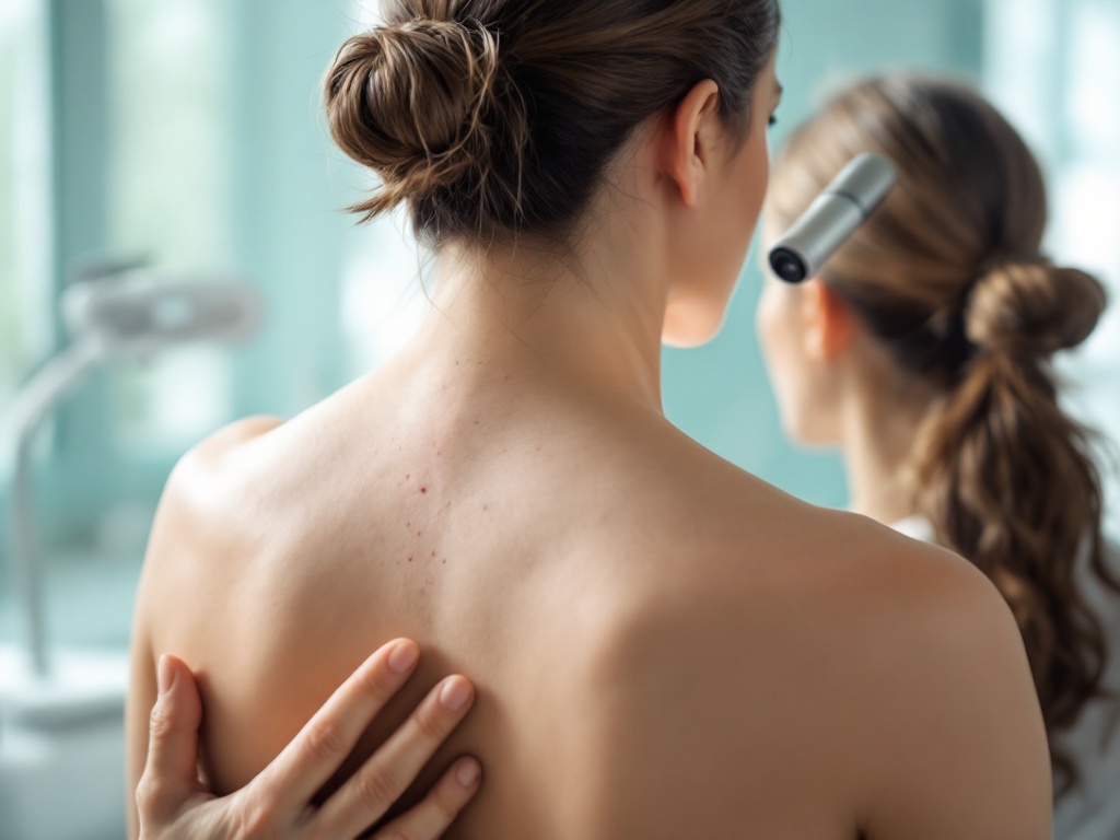 A dermatologist examining a mole on a patient's back with a handheld dermatoscope