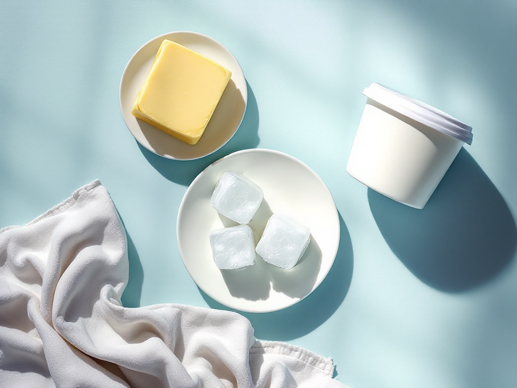 A flat lay of butter, melting ice cubes, and a tub of yogurt, the debunked sunburn folk remedies