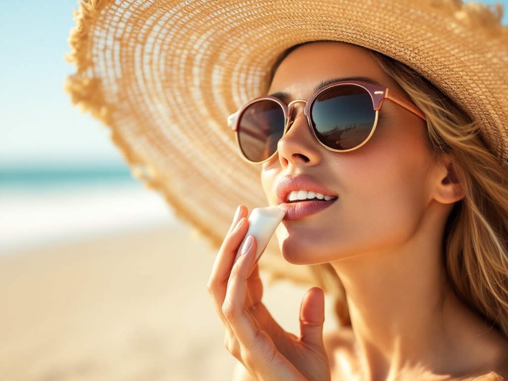 A person at the beach wearing a wide-brimmed hat and UV sunglasses applying SPF lip balm in bright sun