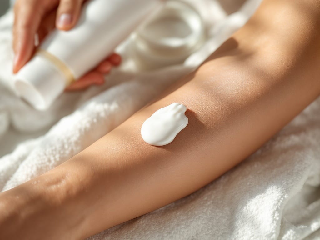 Hands gently applying white moisturizing lotion to a bare forearm resting on a soft white towel